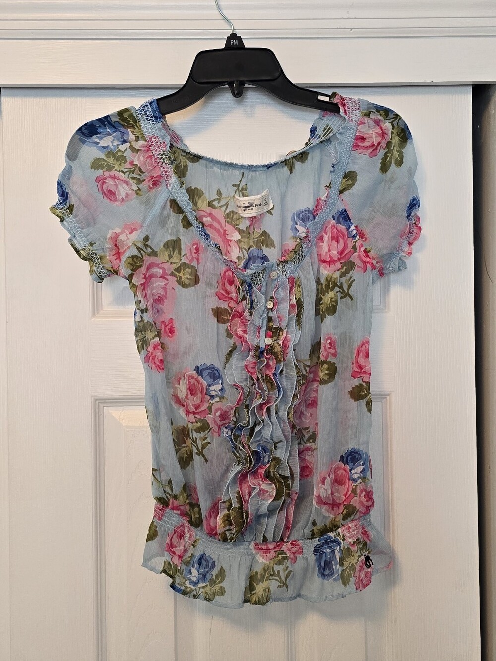 Abercrombie & Fitch Pale Blue Sheer Floral Ruffle Blouse